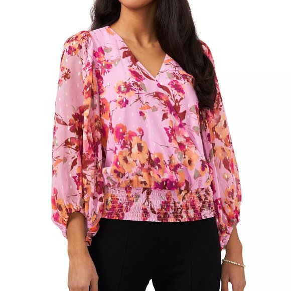 MSK Tops - MSK Petite PM Smocked Sheer Lined Floral Balloon Sleeve Surplice top blouse New